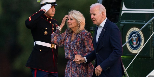 President Joe Biden and first lady Jill Biden arrive at Fort Lesley J. McNair in Washington from a weekend trip to Rehoboth Beach, Del.
