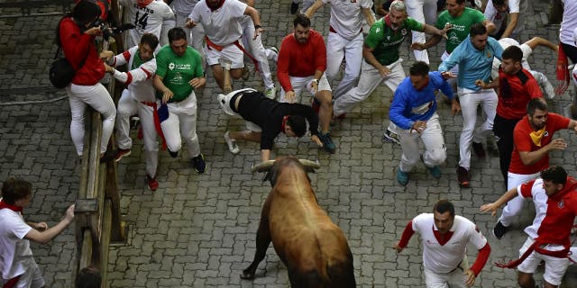 A fighting bull faces runners during the performance of the Bulls event at the Festival of San Fermin in Pamplona, Spain, Monday July 11, 2022.