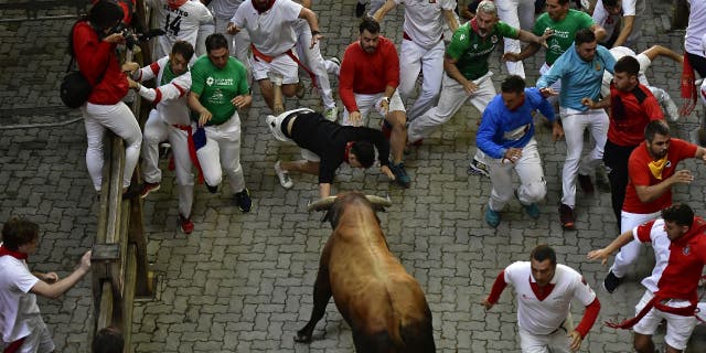 A fighting bull turns to face runners during the running of the bulls event at the Festival of San Fermin in Pamplona, Spain, on Monday, July 11, 2022.