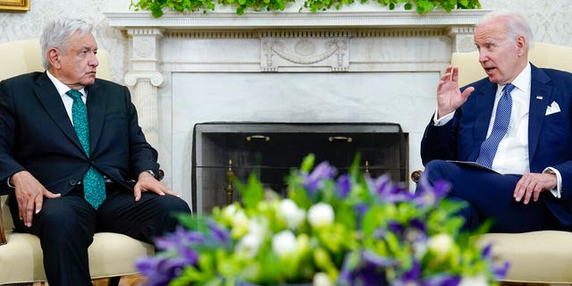 President Joe Biden speaks as he meets with Mexican President Andrés Manuel López Obrador in the Oval Office of the White House, Tuesday, July 12, 2022, in Washington.