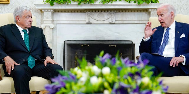 President Joe Biden speaks as he meets with Mexican President Andrés Manuel López Obrador in the Oval Office of the White House in Washington, Tuesday, July 12, 2022. 