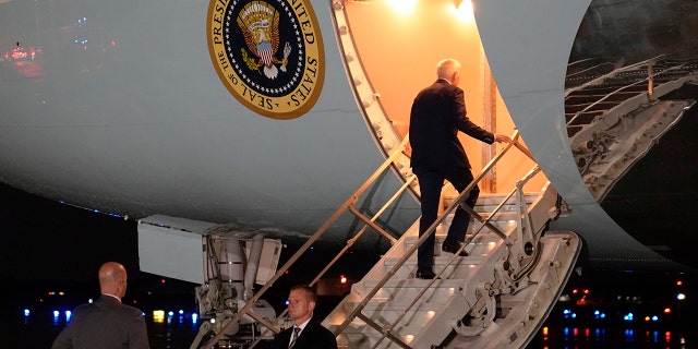 President Joe Biden boards Air Force One for a trip to Israel and Saudi Arabia, Tuesday, July 12, 2022, at Andrews Air Force Base, Md. 