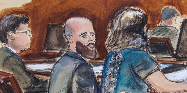 In this courtroom sketch, Joshua Schulte, center, is seated at the defense table flanked by his attorneys during jury deliberations, Wednesday, March 4, 2020, in New York. Schulte, the former CIA software engineer accused of causing the biggest theft of classified information in CIA history, has been convicted at a New York City retrial. A jury reached the guilty verdict against Joshua Schulte on Wednesday, July 13, 2022 in federal court in Manhattan.