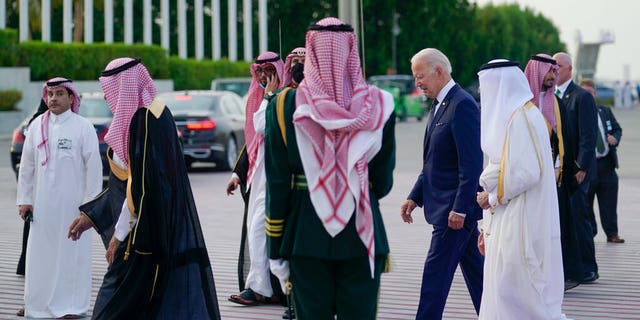 President Joe Biden arrives at King Abdulaziz International Airport, Friday, July 15, 2022, in Jeddah, Saudi Arabia. 