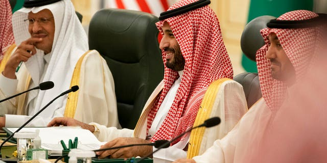 Saudi Crown Prince Mohammed bin Salman smiles as he meets with President Joe Biden at the Al Salman Royal Palace in Jeddah, Saudi Arabia, on July 15, 2022.