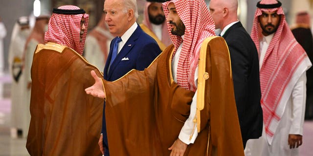 US President Joe Biden in the center left and Crown Prince of Saudi Arabia Mohammed bin Salman arrive for a family photo. "GCC + 3" (Gulf Cooperation Council) Meeting at a hotel in Jeddah, the Red Sea coastal city of Saudi Arabia, on Saturday, July 16, 2022. 