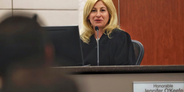 Judge Jennifer O'Keefe listens during opening arguments of the Paul Flores murder trial in Monterey County Superior Court in Salinas, Calif., Monday, July 18, 2022.