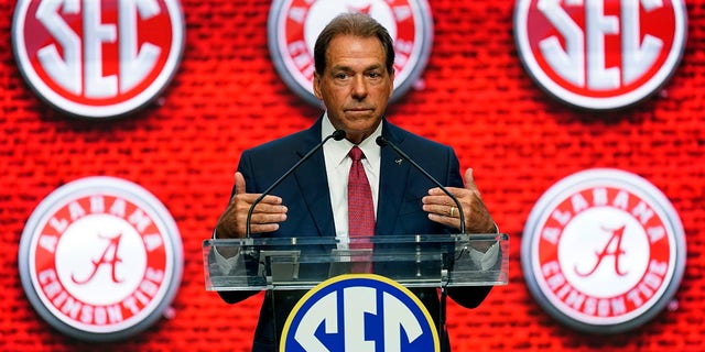 Alabama head coach Nick Saban speaks during SEC Media Days July 19, 2022, in Atlanta. 