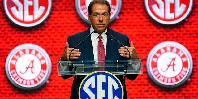 Alabama head coach Nick Saban speaks during NCAA college football Southeastern Conference Media Days Tuesday, July 19, 2022, in Atlanta. 