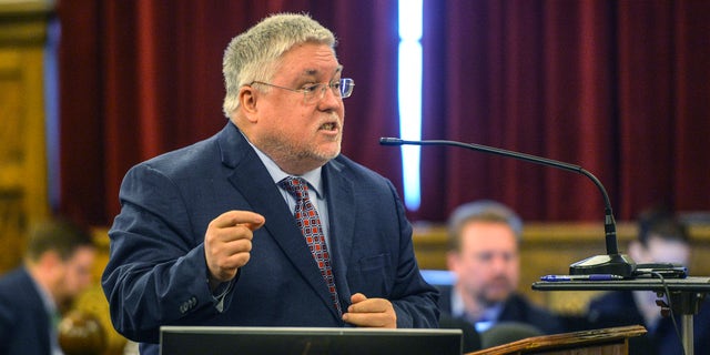Attorney General Patrick Morrisey presents opening arguments on April 4, 2022, on the first day of the trial against opioid drug manufacturers in Charleston, West Virginia.