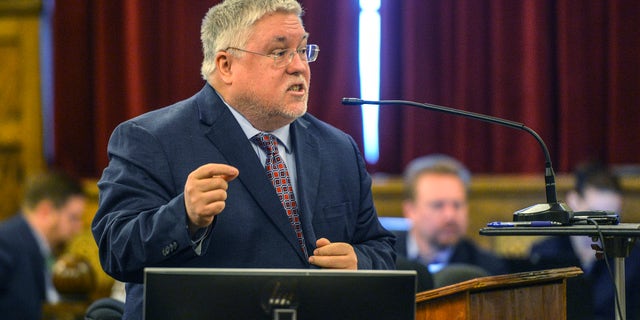 Attorney General Patrick Morrisey presents opening arguments on April 4, 2022, on the first day of the trial against opioid drug manufacturers in Charleston, West Virginia.