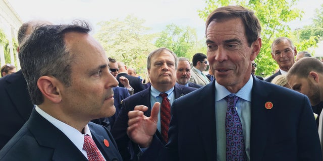 Braidy Industries Inc. CEO Craig Bouchard, right, and then-Republican Kentucky Gov. Matt Bevin speaks with reporters in Wurtland, Ky., on April 26, 2017. Braidy Industries still needs to raise $500 million to build a long-promised $1.7 billion aluminum plant in Appalachia, a top company executive told Kentucky lawmakers on Tuesday, July 19, 2022. 