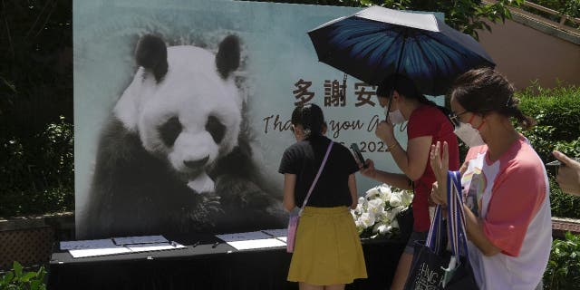 Visitors write notes to mourn the death of panda An An at Ocean Park. Condolence books have been set up at the park's Hong Kong Jockey Club Sichuan Treasures exhibition.