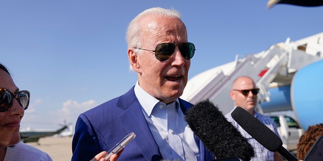 President Joe Biden speaks to media after exiting Air Force One, Wednesday, July 20, 2022, at Andrews Air Force Base, Maryland. 
