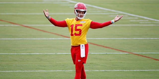 Kansas City Chiefs quarterback Patrick Mahomes during a morning workout at the team's training camp facility at Missouri Western State University in St. Joseph, Mo., July 24, 2022. 