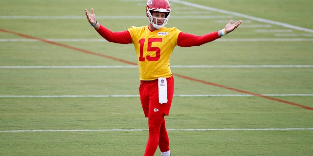 Kansas City Chiefs quarterback Patrick Mahomes during a morning workout at the team's training camp facility at Missouri Western State University in St. Joseph, Missouri, July 24, 2022. 