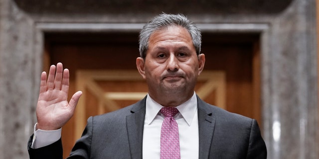Michael Carvajal, director of the Federal Bureau of Prisons, is sworn in to testify as the Senate Permanent Subcommittee on Investigations holds a hearing on charges of corruption and misconduct at the US Penitentiary in Atlanta, at the Capitol in Washington.