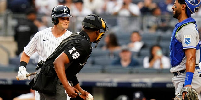 The New York Yankees' Andrew Benintendi, left, talks to Kansas City Royals catcher MJ Melendez during the first inning of their MLB game in New York on Thursday, July 28, 2022.