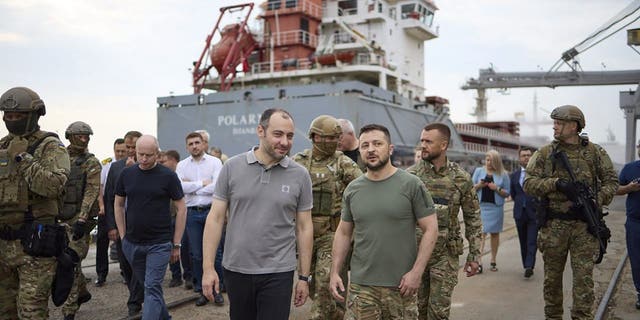 Ukrainian President Volodymyr Zelenskyy visits a port in Chornomork, Ukraine, Friday, July 29, 2022. 