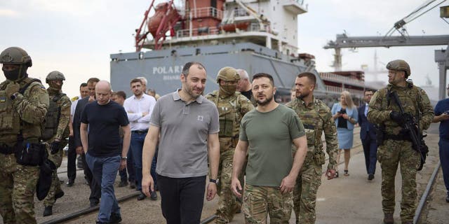 Ukrainian President Volodymyr Zelenskyy visits a port in Chornomork, Ukraine, Friday, July 29, 2022.