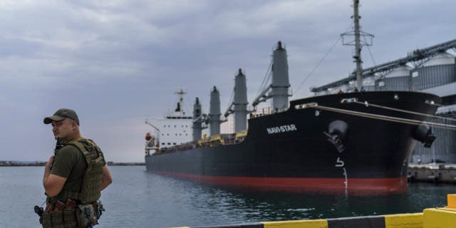 A security officer stands alongside the Navi-Star vessel, filled with grain since the Russian invasion of Ukraine began five months ago, as it waits to sail from the Odessa Seaport, Odessa, Ukraine, on Friday, July 29 2022.