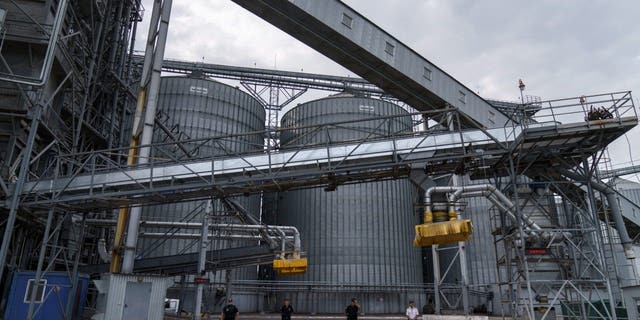 Security personnel stand in front of a grain storage terminal at the Odessa Seaport in Odessa, Ukraine.