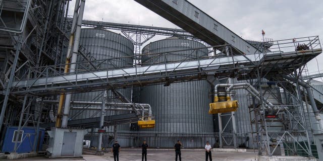 Security personnel stand in front of a grain storage terminal at the Odesa Sea Port, in Odesa, Ukraine.