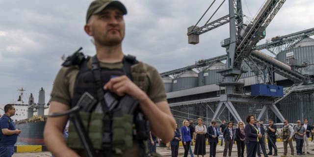 Melinda Simmons, Ambassador of the UK to Ukraine, right, speaks during a press conference with G7 ambassadors and UN representatives at the Odesa Sea Port, in Odesa, Ukraine, Friday, July 29, 2022. 