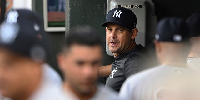 New York Yankees manager Aaron Boone stands in the dugout during the team's game against the Baltimore Orioles on Saturday, July 23, 2022 in Baltimore.  The Orioles won 6-3.