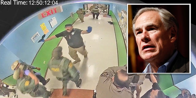 Law enforcement officers stage in a hallway after Salvador Ramos entered Robb Elementary School to kill 19 children and two teachers in Uvalde, Texas, on May 24, 2022, in this still image from surveillance video. Inset: Texas Gov. Greg Abbott holds a news conference with state agencies and local officials at Uvalde High School.