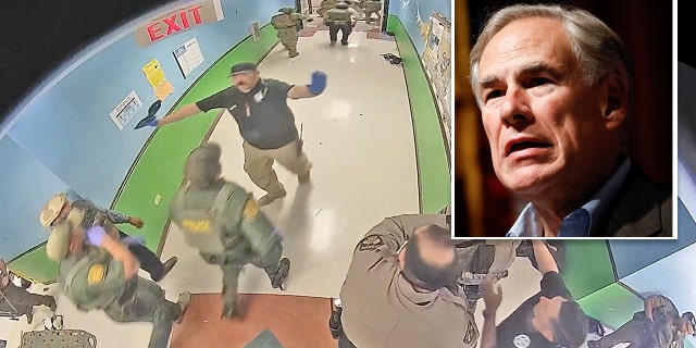 Law enforcement officers stage in a hallway after Salvador Ramos entered Robb Elementary school to kill 19 children and two teachers in Uvalde, Texas, U.S. May 24, 2022, in a still image from surveillance video. Inset: Texas Governor Greg Abbott holds a news conference with state agencies and local officials at Uvalde High School.