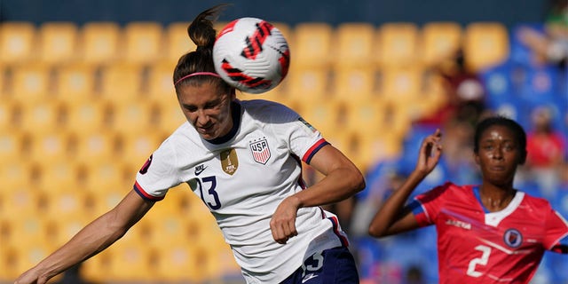 United States' Alex Morgan goes for a header during a CONCACAF Women'Championship soccer match against Haiti in Monterrey, Mexico, Monday, July 4, 2022. 
