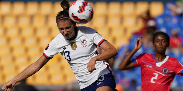 United States' Alex Morgan goes for a header during a CONCACAF Women'Championship soccer match against Haiti in Monterrey, Mexico, Monday, July 4, 2022.