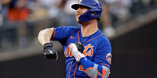 Pete Alonso, #20 of the New York Mets, reacts after hitting an RBI double during the first inning against the New York Mets at Citi Field on July 26, 2022 in New York Citi Field