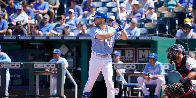 Andrew Benintendi #16 of the Kansas City Royals bats against the Cleveland Guardians in the first inning at Kauffman Stadium on July 9, 2022 in Kansas City, Missouri.