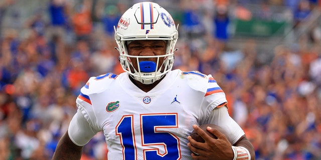 Anthony Richardson of the Florida Gators rushes for a touchdown against the South Florida Bulls at Raymond James Stadium on Sept. 11, 2021, in Tampa, Florida.