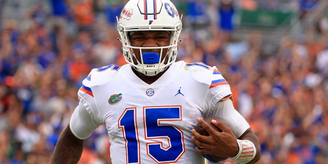 Anthony Richardson of the Florida Gators rushes for a touchdown against the South Florida Bulls at Raymond James Stadium on Sept. 11, 2021, in Tampa, Florida.