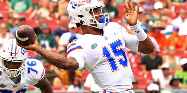 Anthony Richardson, #15 of the Florida Gators, passes during a game against the South Florida Bulls at Raymond James Stadium on September 11, 2021 in Tampa, Florida.
