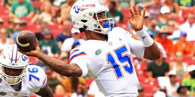 Anthony Richardson of the Florida Gators passes against the South Florida Bulls at Raymond James Stadium on Sept. 11, 2021, in Tampa.