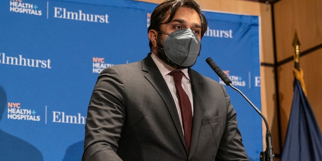 New York City Department of Health and Mental Hygiene Commissioner Ashwin Vasan speaks during media availability at Elmhurst hospital.