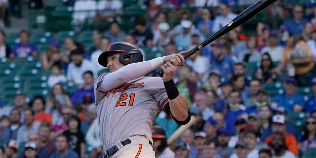 Baltimore Orioles' Austin Hays watches an RBI single off Chicago Cubs starting pitcher Justin Steele during the first inning of a baseball game Wednesday, July 13, 2022, in Chicago.