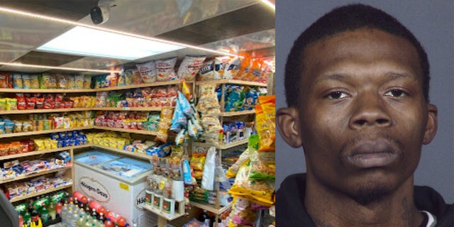 A photo combination of Austin Simon's mugshot and the interior of the Bluemoon convenience store where he was stabbed to death after attacking clerk Jose Alba July 1.