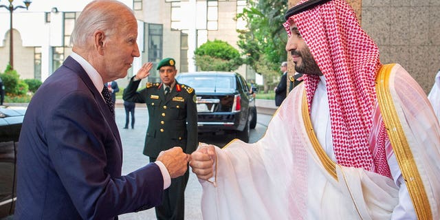 Saudi Crown Prince Mohammed bin Salman fist bumps U.S. President Joe Biden upon his arrival at Al Salman Palace, in Jeddah, Saudi Arabia.