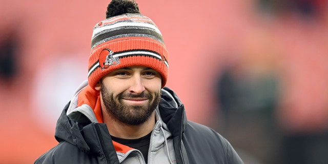 Baker Mayfield of the Browns watches warmups before the Cincinnati Bengals game at FirstEnergy Stadium on Jan. 9, 2022, in Cleveland, Ohio.