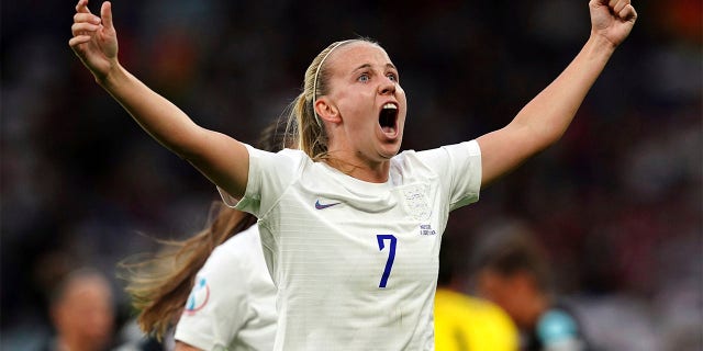 England's Beth Mead celebrates scoring the opening goal during the Women's Euro 2022 soccer match between England and Austria at Old Trafford in Manchester, England, Wednesday, July 6, 2022.