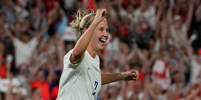 England's Beth Mead celebrates after scoring her third goal, England's 8th, during the Women Euro 2022 group A soccer match between England and Norway at Brighton & Hove Community Stadium in Brighton, England, Monday, July 11, 2022. 