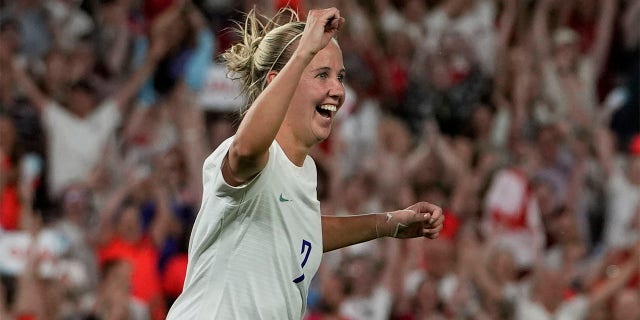 England's Beth Mead celebrates after scoring her third goal, England's 8th, during the Women Euro 2022 group A soccer match between England and Norway at Brighton & Hove Community Stadium in Brighton, England, Monday, July 11, 2022.