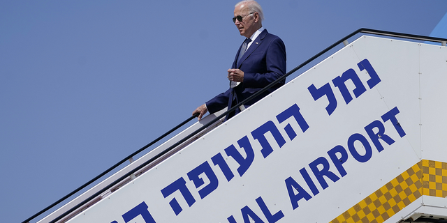 President Joe Biden walks off of Air Force One as he arrives at Ben Gurion Airport.