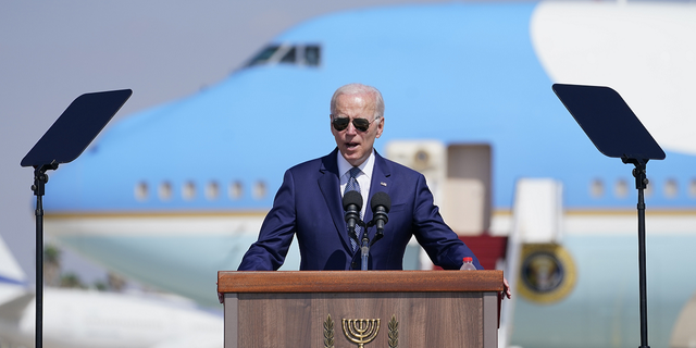 President Joe Biden speaks during an arrival ceremony after arriving at Ben Gurion Airport on Wednesday, July 13, in Tel Aviv, Israel.