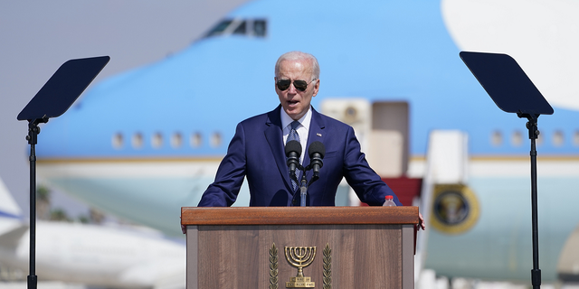 President Biden speaks during an arrival ceremony at Ben Gurion Airport in Tel Aviv on Wednesday, July 13, 2022.